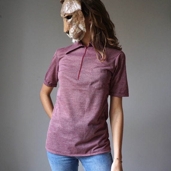 NOS 70s Burgundy Heather Knit Polo Shirt / Vintag… - image 6