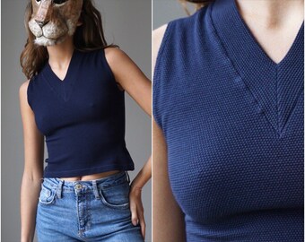 90s NOS Dark Blue Waffle Crop Top / Vintage Deadstock Terry Stretchy Mini Sleeveless Top