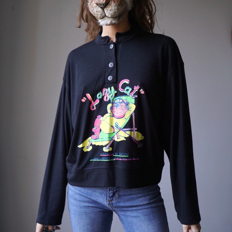 90s Black Half Buttoned Long Sleeved Top / Vintage Fluo Kids Skiing Style Lightweight Sweater image 1