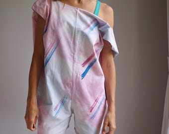 80-tals pastellfärgad bomullsplaysuit / handgjord vintage-oversize vadderad strandsparkdräkt