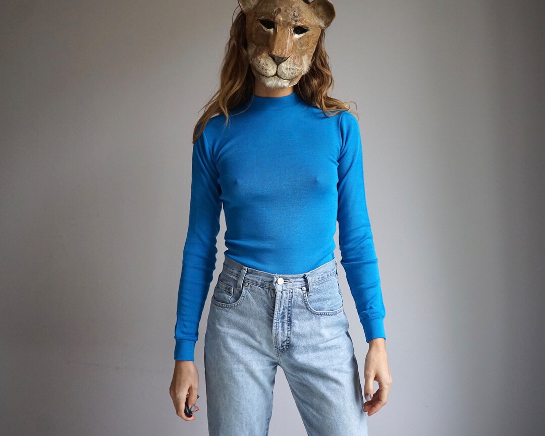 70s Bright Blue Knit Mock Neck Long Sleeves Top / Vintage Solid Blue ...