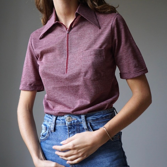 NOS 70s Burgundy Heather Knit Polo Shirt / Vintag… - image 1