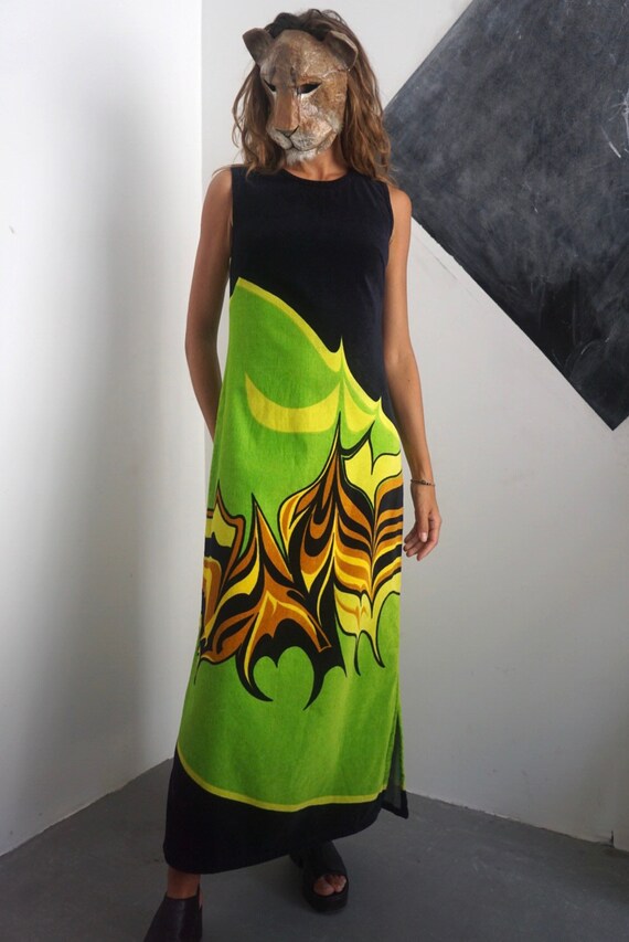 70s Terry Cloth Maxi Dress / Vintage Neon Bright T