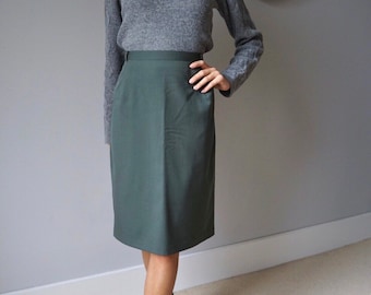 90s Army Green Wool High Waist Pencil Skirt / Vintage Wool Classy Business Midi Skirt W32