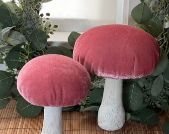 Two Velvet mushroom tabletop decor, set of two pink velvet mushroom top, spring decor, garden themed