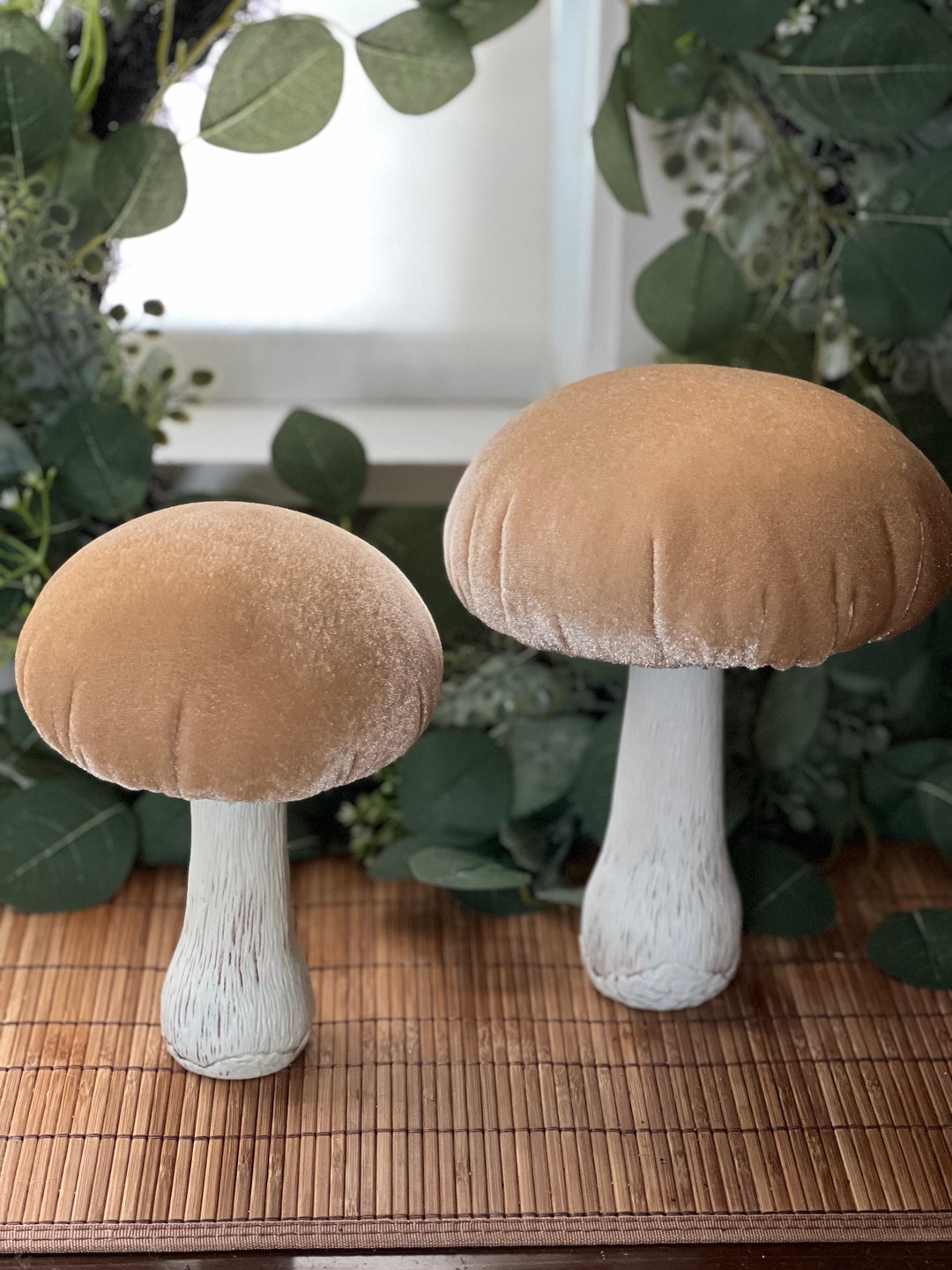 Two Velvet Mushroom Tabletop Decor, Set of Two Tan Velvet Mushroom Top ...