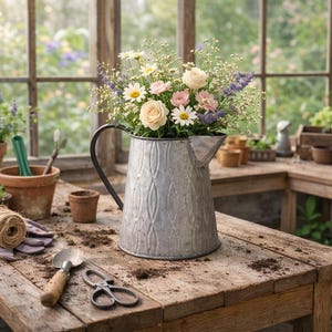 May include: A galvanized metal pitcher filled with a bouquet of daisies, roses, and lavender sits on a rustic wooden table. Gardening tools, including a trowel and scissors, are arranged nearby. Potted plants and a ball of twine complete the scene.