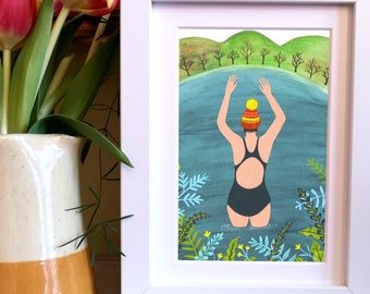 Wild Swimming Woman, bobble hat swimmer, a quality A4/A5 signed giclee print, for those who like wild swimming and the great outdoors