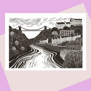 Clifton Suspension Bridge Bristol A6 greetings Card for Bristol lovers UK Available plastic free, From a lino print by Laura Robertson image 1