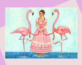 Frida e i fenicotteri, biglietto d'auguri di qualità A6, biglietto Viva la Vida Frida, per i fan di Frida o dei bellissimi fenicotteri. Disponibile senza plastica