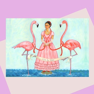 Frida et les flamants roses, carte de voeux de qualité A6, carte Viva la Vida Frida, pour les fans de Frida ou de beaux flamants roses. Disponible sans plastique
