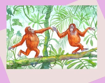 Dancing Orangutans, a quality A6 size greeting card to brighten up any occasion, available plastic free and also as a Giclee print.