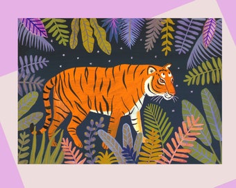 Tiger In The Jungle, A quality A6 size card from my original gouache painting, A lovely card for Tiger lovers and a card for any occasion