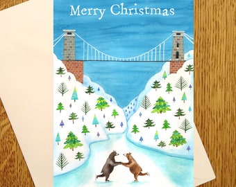 Skating Bear Couple under Clifton Suspension Bridge/ A6 Christmas Card/ For anyone who loves bears and skating/ Available plastic free