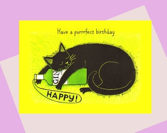 Cat and Gin, A6 Birthday Card, for a cat loving/ gin loving friend or loved one, a puuurfect birthday greeting card, available plastic free