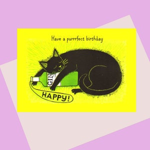 Kat en Gin, A6 Verjaardagskaart, voor een kat liefhebbende / gin liefhebbende vriend of geliefde, een puuurfect verjaardag wenskaart, beschikbaar plastic gratis