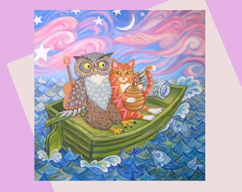 The Owl And The Pussycat greetings card from an original acrylic painting/Available plastic free/Perfect Valentine's Gift/By Laura Robertson