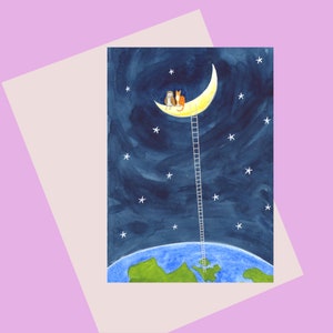 NEU: zum Mond und zurück/ A6 Grußkarte/ die Eule und die Pussycat/ Sterngucker/ Jubiläumskarte/ Mondliebhaber/ Mond beobachten/ die Welt