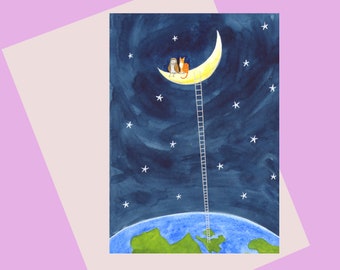 NEW: to the Moon and back/ A6 greetings card/ the Owl and the Pussycat/Star gazers/ anniversary card/ Lunar lovers/ moon watching/ the world