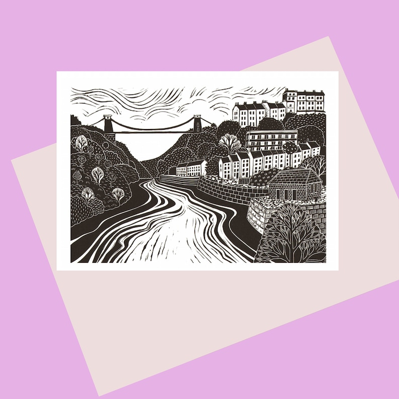 Clifton Suspension Bridge Bristol A6 greetings Card for Bristol lovers UK Available plastic free, From a lino print by Laura Robertson image 1