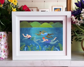 Swimmin Wimmin, a quality A4 and A5 signed giclee print, wild swimming, swimming out in the wilderness, women cold water swimming