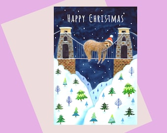 NEW: Christmas Sloth, a quality A6 size Christmas card for sloth lovers featuring the Clifton Suspension Bridge, Bristol, UK