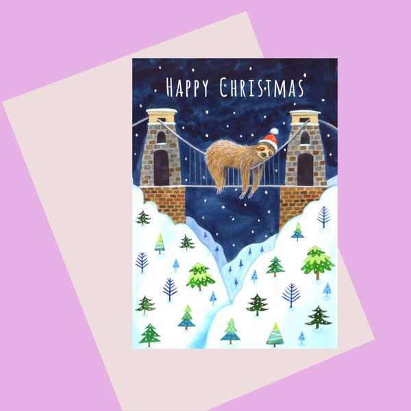 NEW: Christmas Sloth, a quality A6 size Christmas card for sloth lovers featuring the Clifton Suspension Bridge, Bristol, UK