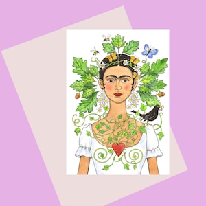 Frida Kahlo Wenskaart A6 "Groene Frida" voor liefhebbers van Frida - Natuur Geïnspireerd Aquarel- Beschikbaar PlasticVrij, Valentijn Hart