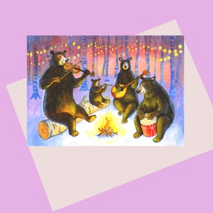 Musical Bears, A6 size greeting card, for bear/music lovers, bears playing musical instruments in a forest, a perfect card for any occasion