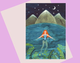 NEW CARD: Night Swimming, a lovely A6 greeting card of a woman swimming in a lake at night. A perfect card for wild swimmer ladies!