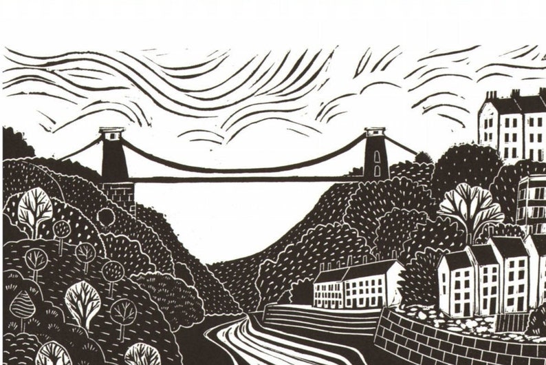Clifton Suspension Bridge Bristol A6 greetings Card for Bristol lovers UK Available plastic free, From a lino print by Laura Robertson image 3