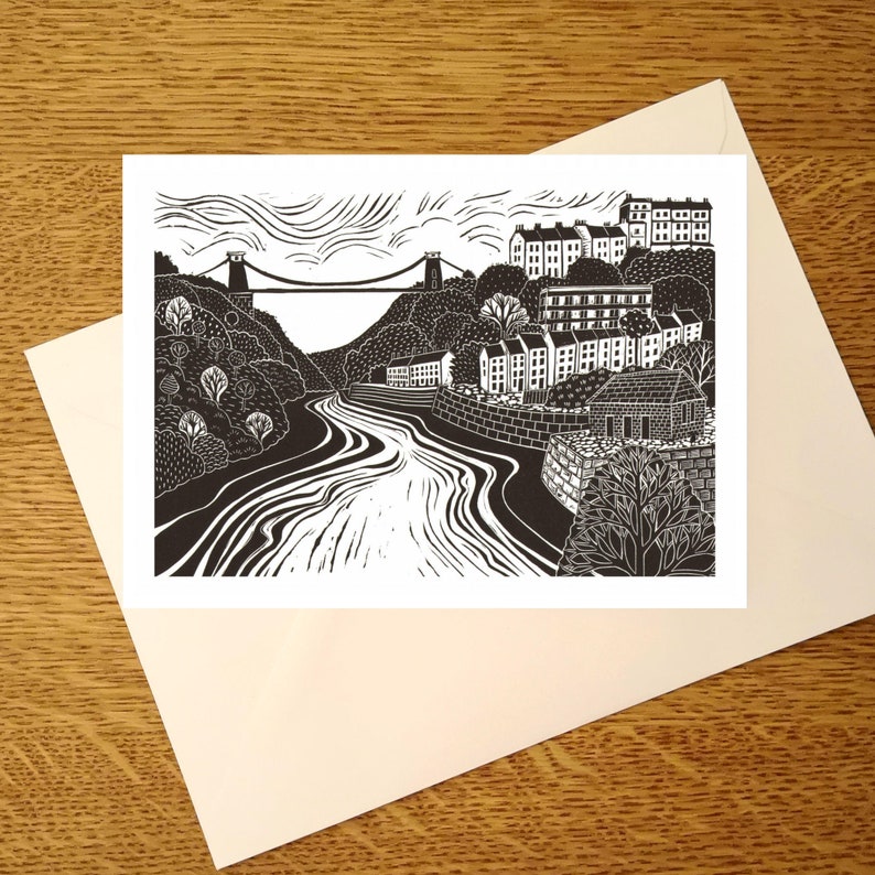 Clifton Suspension Bridge Bristol A6 greetings Card for Bristol lovers UK Available plastic free, From a lino print by Laura Robertson image 6