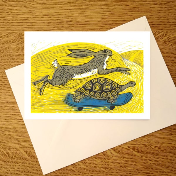 Tortoise and Hare- A6 greetings card -for hare and tortoise lovers-inspired by Aesop's Fables-Available plastic free, by Laura Robertson