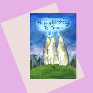 Wolf A6 (148 x 105 mm) verjaardagskaart - met een huilende roedel wolven die Happy Birthday to Yoooo huilt - voor wolvenliefhebbers: wolven huilen: blijf in het wild