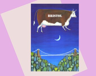 Bristol Greetings Card, a quality A6 card, cow illustration and Clifton Suspension Bridge, UK. Available plastic free