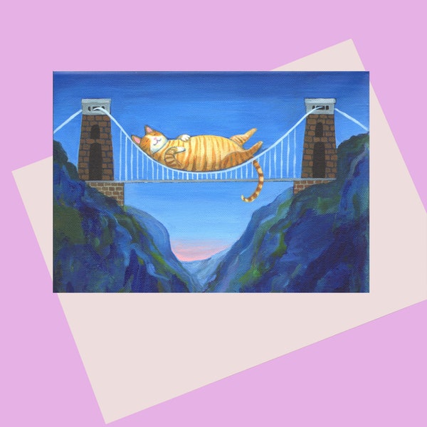 Sleepy Cat, a lovely card featuring the iconic Clifton Suspension Bridge, Bristol, UK. Available plastic free in an A6 size quality card