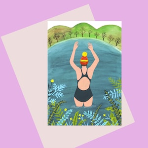 NEU IM SHOP: Wild schwimmende Frau, A6 Wild Schwimmerin Karte, eine hochwertige Karte für Liebhaber der freien Natur und des wilden Schwimmens, Muttertagskarte
