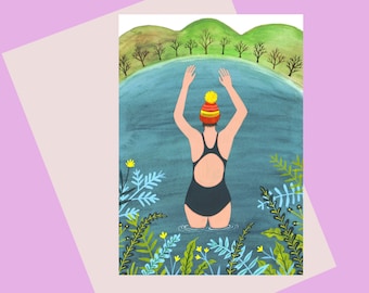 Wild Swimming Woman Card: Watercolor Art, Outdoor Swimmer Gift