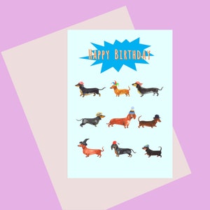 Teckel Joyeux anniversaire Carte de vœux A6 pour ceux qui aiment les teckels ! Disponible sans plastique ! Chiens saucisses en chapeaux