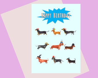 Dachshund Happy birthday A6 Greetings Card for those who love dachshunds! Available plastic free! Sausage dogs in hats