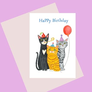 Carte de joyeux anniversaire, party cats, carte de vœux A6 pour ceux qui aiment les chats dans des chapeaux de fête! un adorable trio de chats, disponible sans plastique