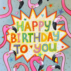 Fabelhafte Flamingos, eine hochwertige A6 Geburtstagskarte mit einer Extravaganz von Flamingos, die Ihnen alles Gute zum Geburtstag wünschen. Plastikfrei erhältlich