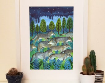 Running Wolves, an A5 and A4 quality, signed giclee print.  Charming wall art illustration for wolf lovers