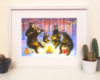 Musical Bears/Eine magische Waldszene von vier Bären, die Instrumente spielen/Signiert A4 Giclee limitierte Auflage Von Laura Robertson