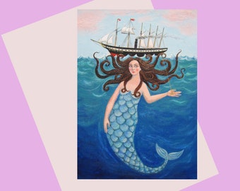 Mermaid greetings card A6, "SS Great Mermaid" with the SS Great Britain in Bristol UK, Available plastic free, Bristol Gift, Birthday Card