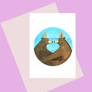 Clifton Suspension Bridge, Bear Hug / A6 Greetings Card pour ceux qui aiment les ours, à Bristol au Royaume-Uni, et les ours et un câlin! Disponible sans plastique