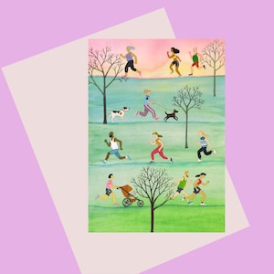 Park Runners, un biglietto d'auguri formato A6 (148 x 105 mm), perfetto per i runner o gli amanti del parco e adatto a qualsiasi occasione. Disponibile senza plastica.