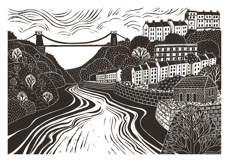 Clifton Suspension Bridge Bristol A6 greetings Card for Bristol lovers UK Available plastic free, From a lino print by Laura Robertson image 2