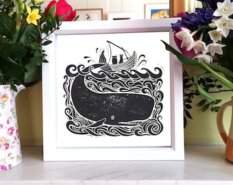 Limited Edition, Hand Pulled Linocut, Whale Print/Whale Watching/ Original /Limited Edition/Block Print/The Owl And The Pussycat, in A Boat