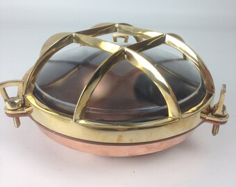 Brass & Copper 4-Bar Round Ship's Bulkhead Light (Ribbed Glass Optional)